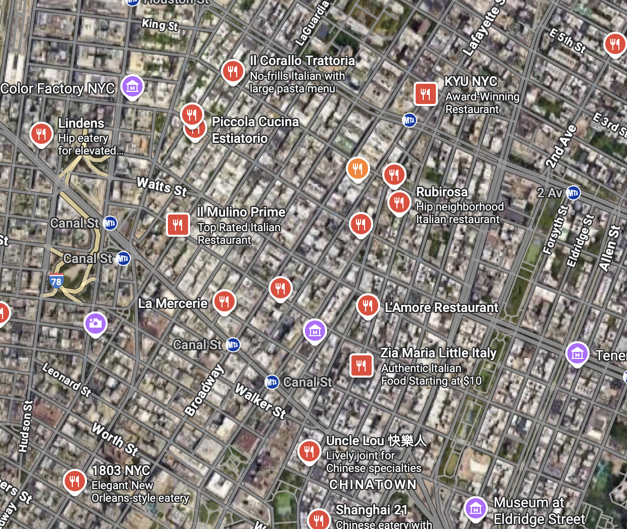 Google Maps view of restaurants in Lower Manhattan